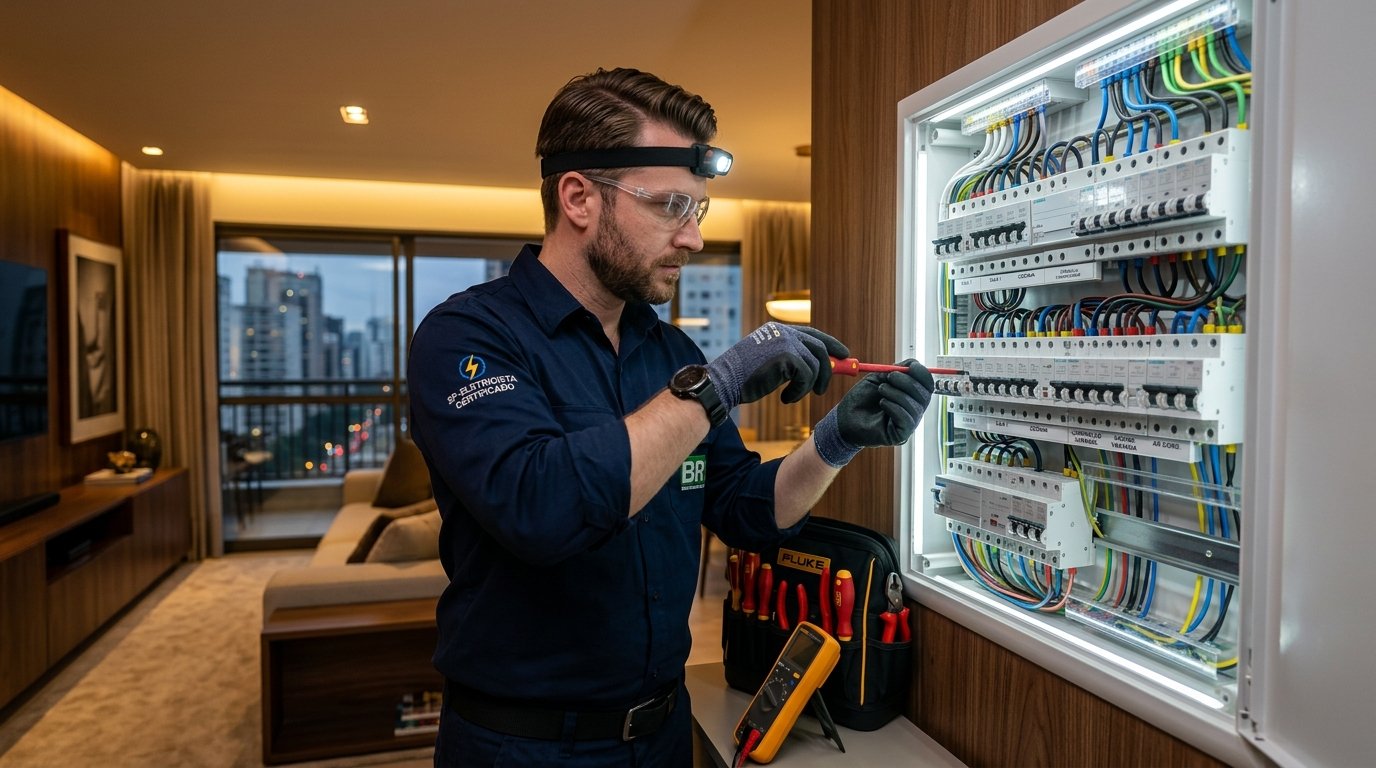 Eletricista profissional certificado montando quadro elétrico em São Paulo